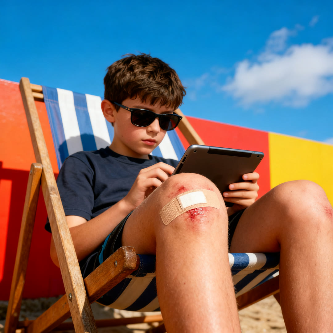 AI-generiertes Editorial: Junge mit Tablet im Liegestuhl am Strand