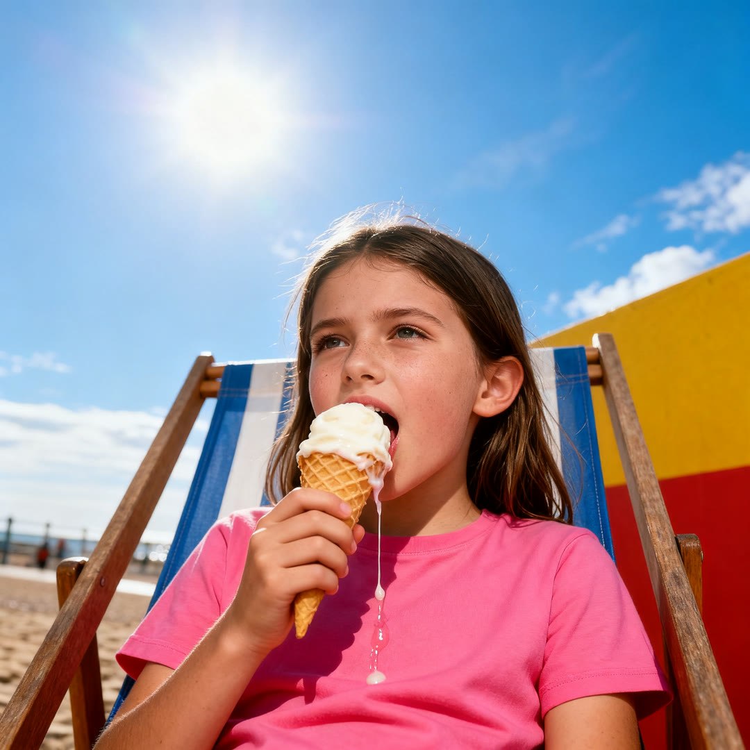 AI-generiertes Editorial: Mädchen isst Eis im Liegestuhl in der Sonne